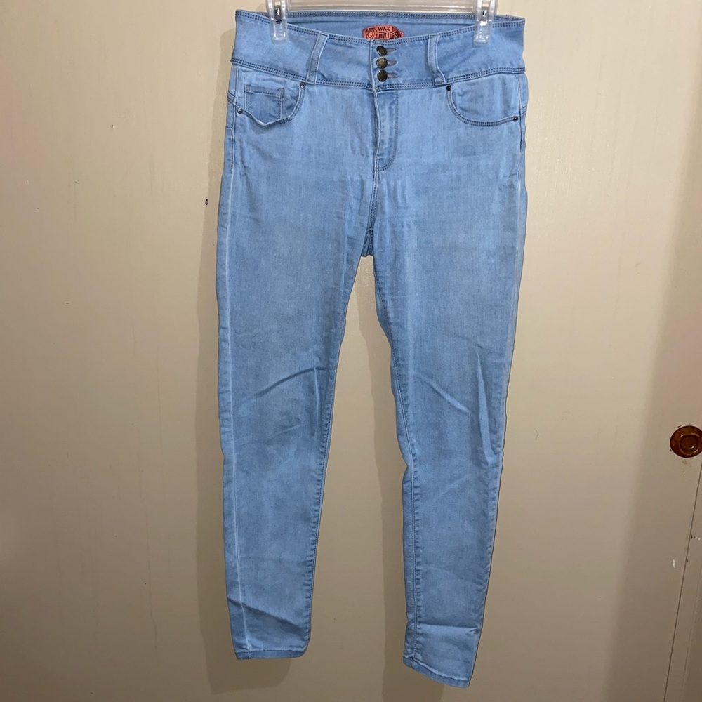 High-waisted blue jeans